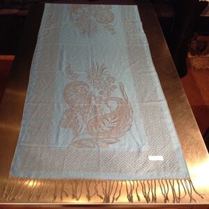 Jerusalem 100% Cashmere Scarf Shawl Blue w/ Gray Geometric & Floral Pashmina